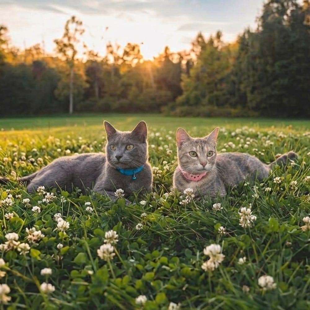Dos gatos grises descansando entre tréboles en flor, al atardecer